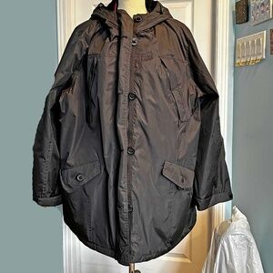 WINTER COAT, LONDON FOG, BLACK, SIZE 3X, FRONT ZIP & BUTTONS, ATTACH POINT INSID